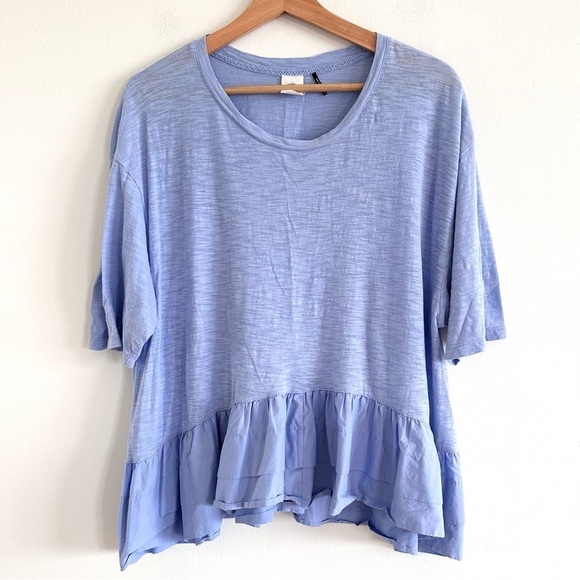 Anthropologie Akemi+Kin blue slub cotton ruffle hem short sleeve tee size small - Picture 2 of 6